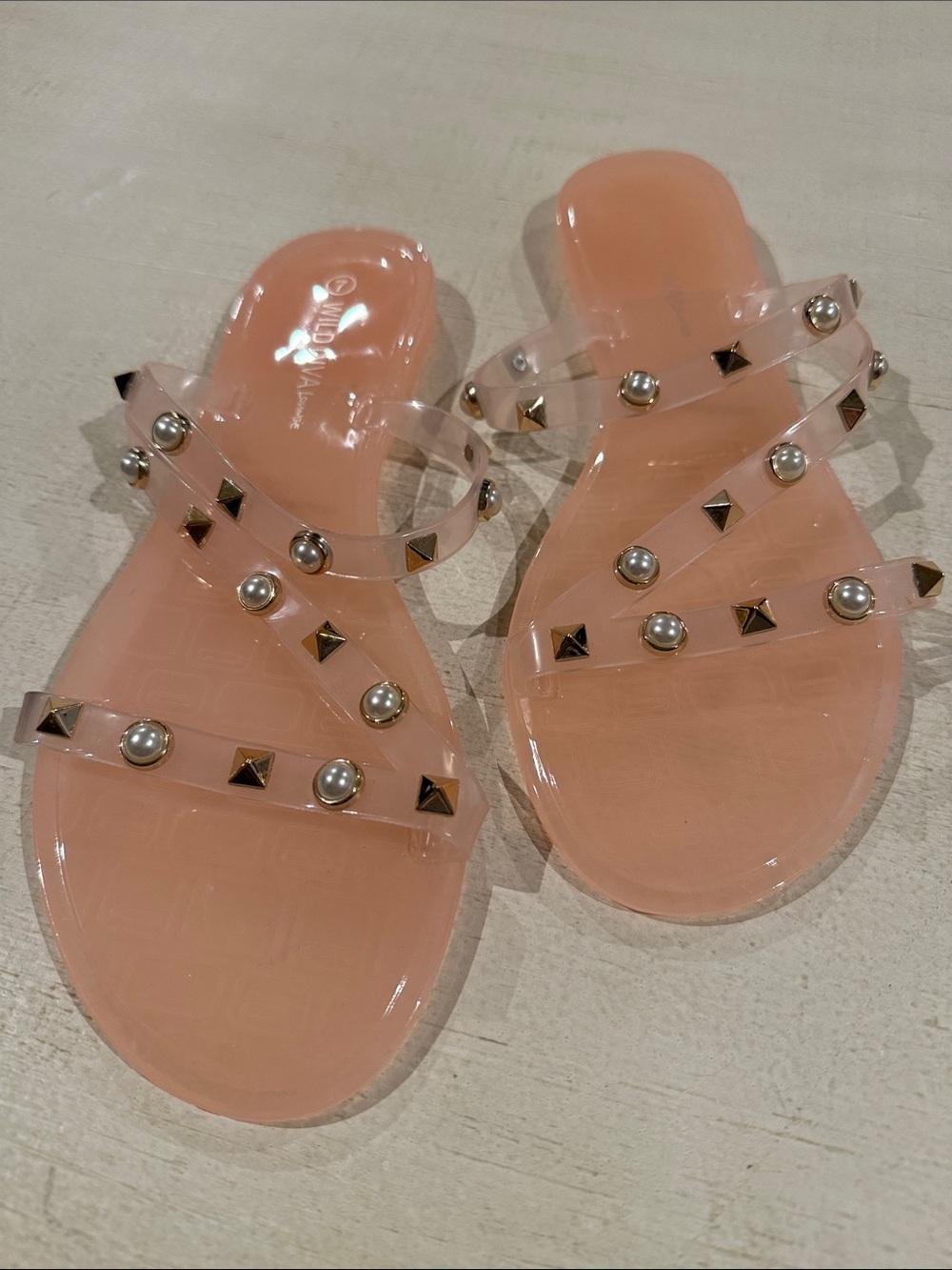 Wild Diva Jelly Slide Sandals with Pearl & Gold Studs